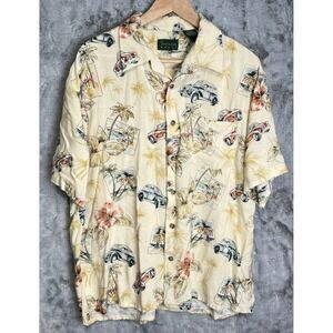 Vintage‎ Scandia Woods Hawaiian Shirt XL Classic Cars Palm Trees Hibiscus Rayon